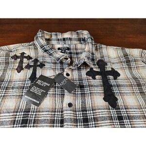 BoohooMAN Cross Applique Black Beige Flannel Shirt Men's Size 5 XL New with tags